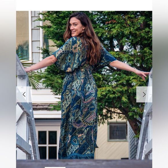 Bali Prema Amy Kimono Long Sun Dress Beach Cover Up V-Neck Batik One Size - Picture 2 of 7